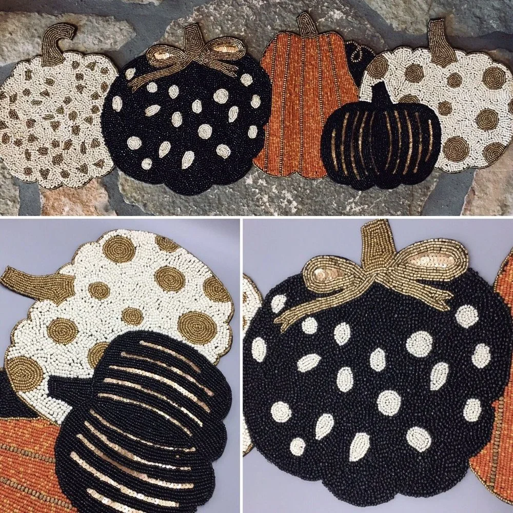 Cynthia Rowley Halloween Beaded Pumpkin Runner Centerpiece Designer Whimsical